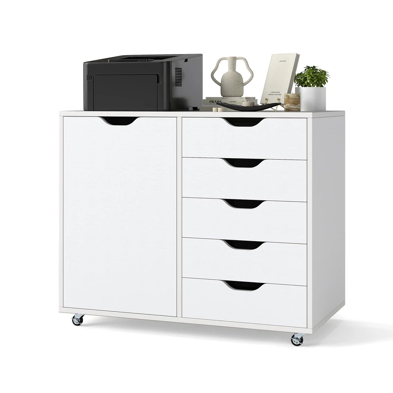 FANTASK Mobile Filing Cabinet, Rolling Container with 5 Drawers and Cupboard Compartment, Desk Base Cabinet for Office, Living Room, 79 x 39 x 65 cm (White)