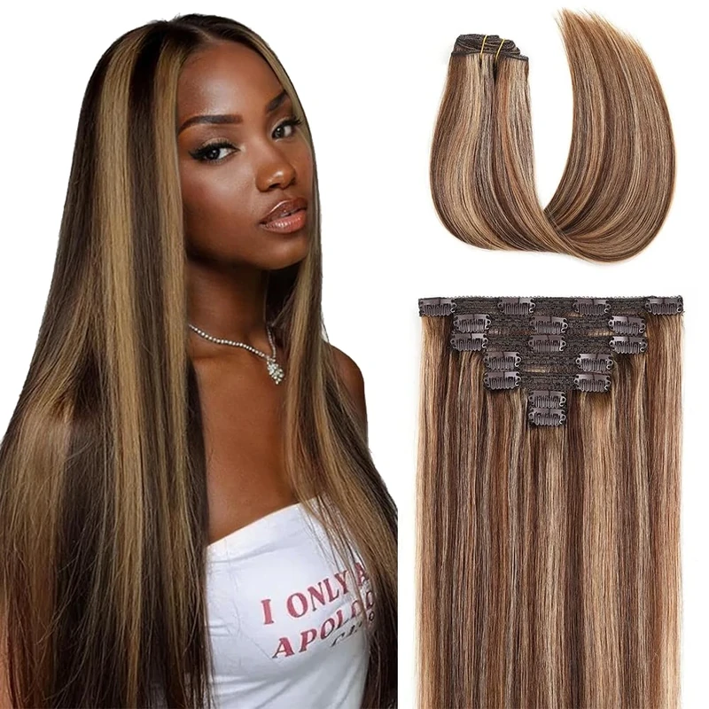 Gsoroel P4/27 Highlight Brown Invisible Clip In Human Hair Extension 7 Pack 120g Straight Honey Blonde Double Weft Unprocessed Virgin Seamless Extensions Clip In Human Hair 20 Inch