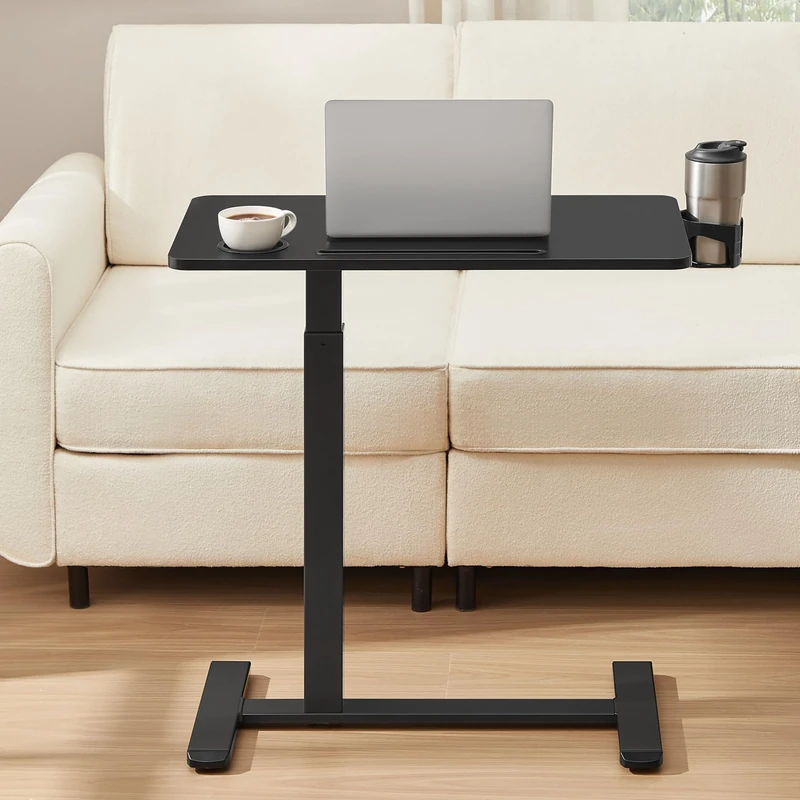 VASAGLE Side Table with Wheels, Mobile Bar Table, 70 x 40 cm Table Top, Adjustable Height, 2 Cup Holders, Slot for Mobile Phone or Tablet, Ink Black LSD600B01