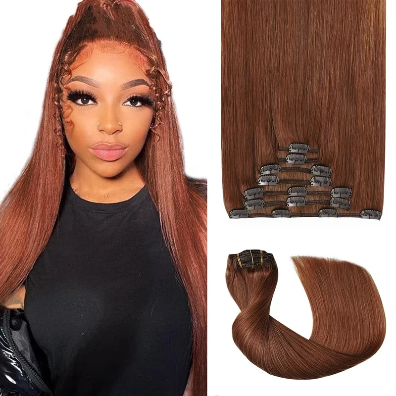Gsoroel Invisible Clip In Human Hair Extension #33 Reddish Brown 7 Pack 120g Double Weft Straight Unprocessed Virgin Seamless Extensions Clip In Human Hair For Women 20 Inch
