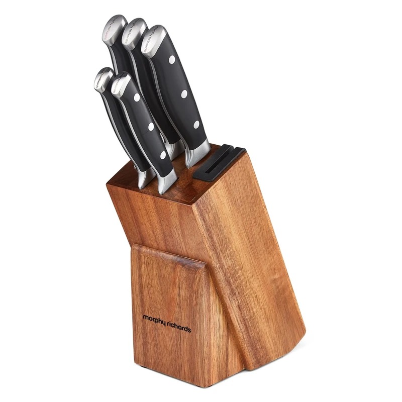 Morphy Richards 5-Piece Knife Block with Sharpener, Kitchen Set, Butt-Welded Design, Long Lasting Sharpness, Precision Cutting, Ergonomic, Acacian Wood, Paring, Ultilty Slicing, Bread, Chef, 868000