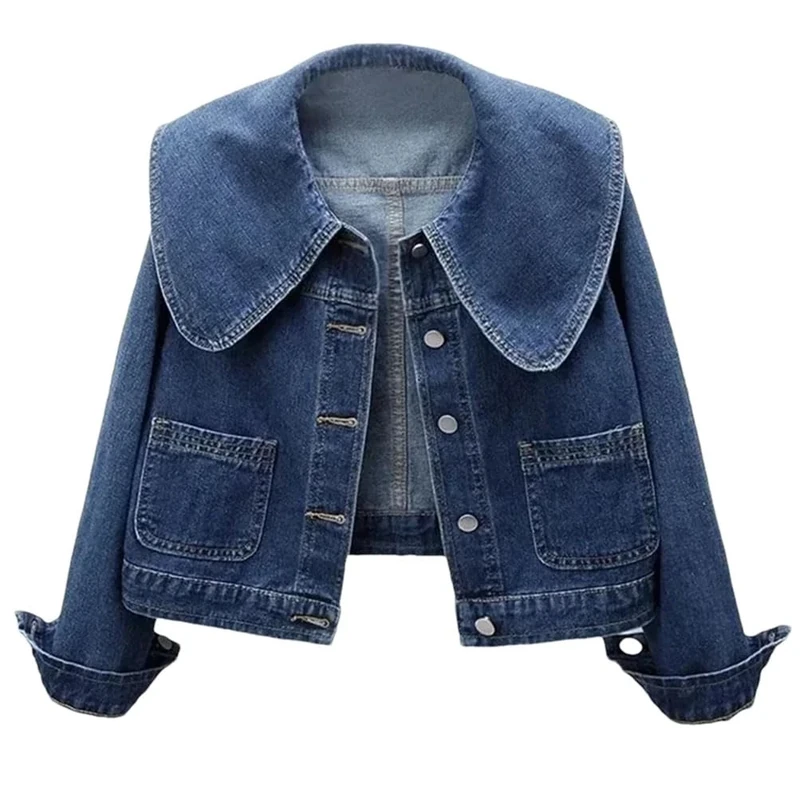 Women's Versatile Ruffled Collar Button Short Denim Jacket Vintage Long Sleeves Pockets Sweet Coat Blue XL