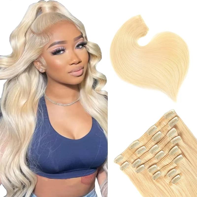 Gsoroel Invisible Clip In Human Hair Extension Straight 7 Pack 120g #613 Blonde Double Weft Unprocessed Virgin Seamless Extensions Clip In Human Hair 20 Inch