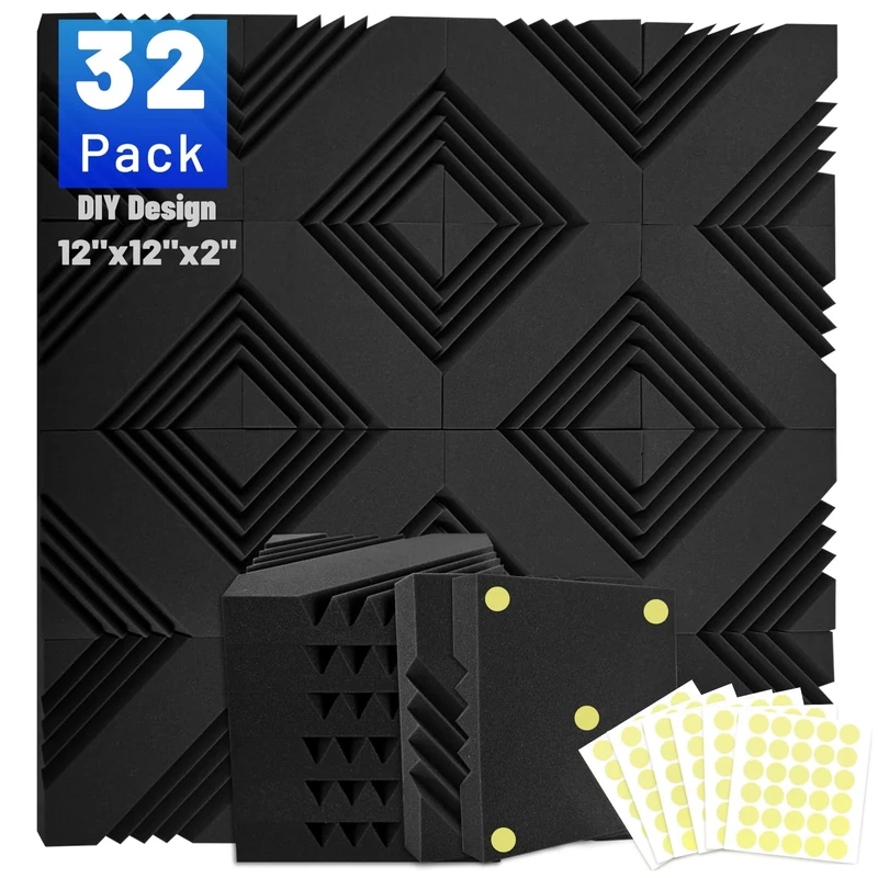 32 Pack Sound Proofing Panels, 2" X 12" X 12"Acoustic Wall Panels, Sound Absorbing Panels, Sound Proof Foam Panels, Sound Panels Noise Reducing for Studio, Home, Office, with Double Sided Tape