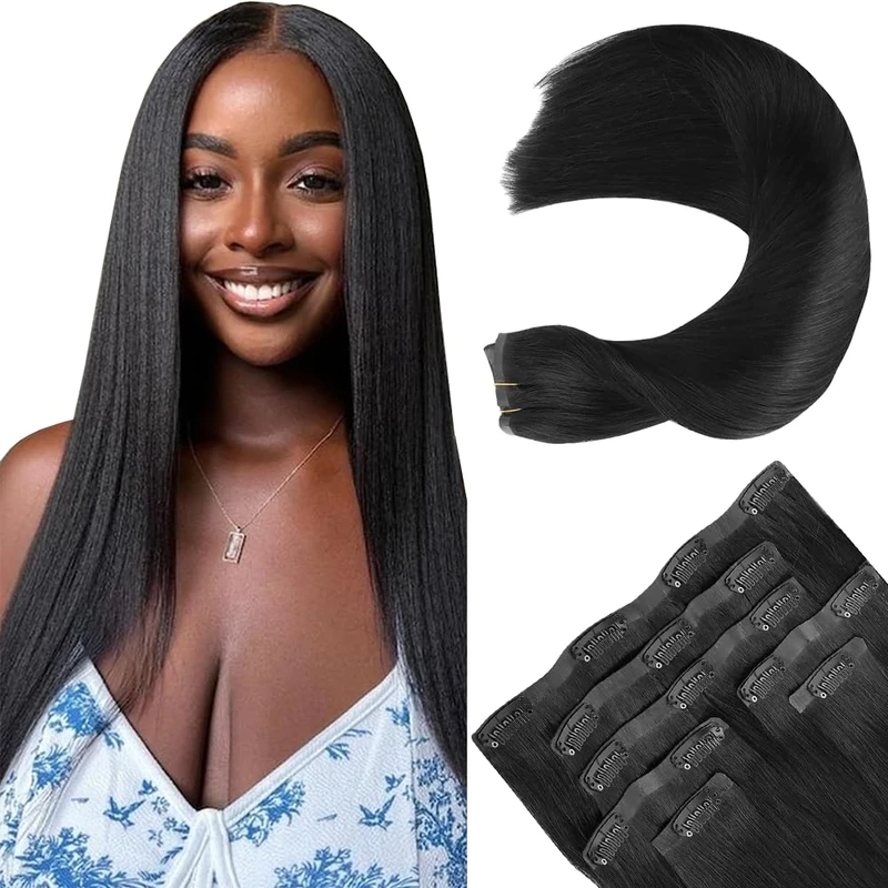 Gsoroel Invisible Clip In Human Hair Extension 7 Pack 120g #1 Jet Black Double Weft Straight Unprocessed Virgin Seamless Extensions Clip in Human Hair For Women 20 Inch