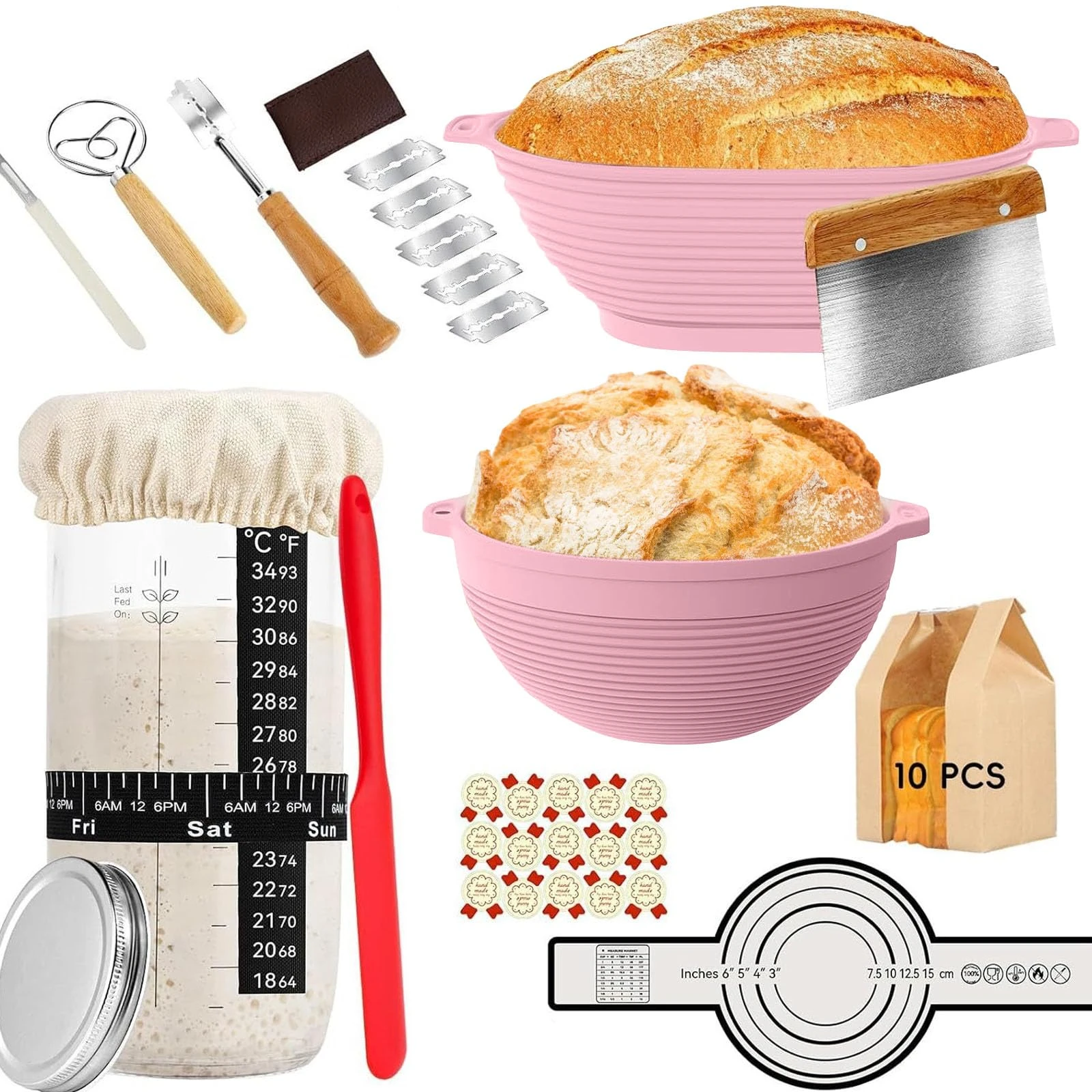 Tatqilo Sourdough Starter Kit, 9In Round & 11In Oval Bread Proofing Basket, Sourdough Proving Basket, Sourdough Starter Jar, Bread Making Accessories With Dough Whisk, Bread Lame, Dough Scraper-Pink