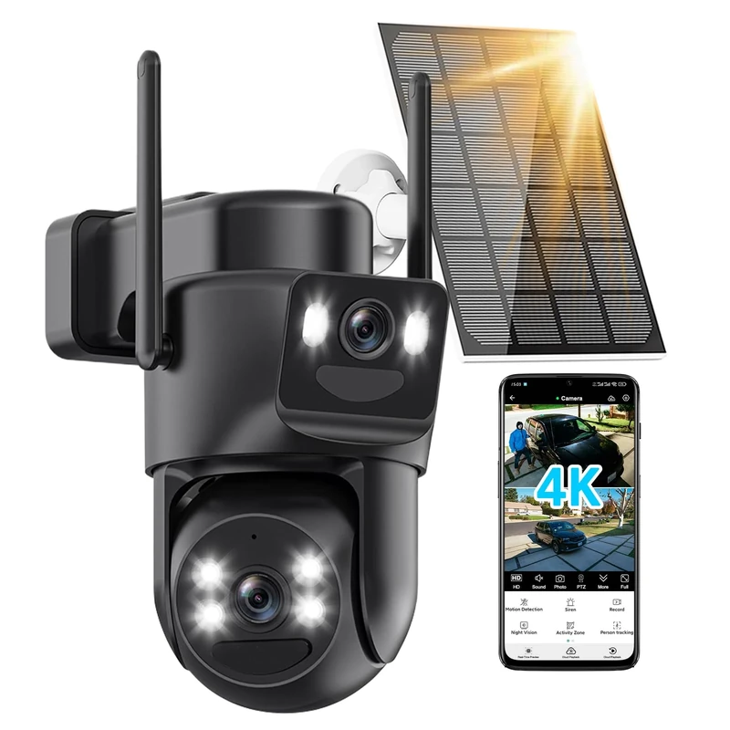 4K Solar Security Camera Outdoor Wireless, 5GHz/2.4GHz WiFi 360° PTZ Cameras for Home Security with Dual Lens, Auto Tracking, Motion Detection, Siren, Color Night Vision, 2-Way Audio, IP66
