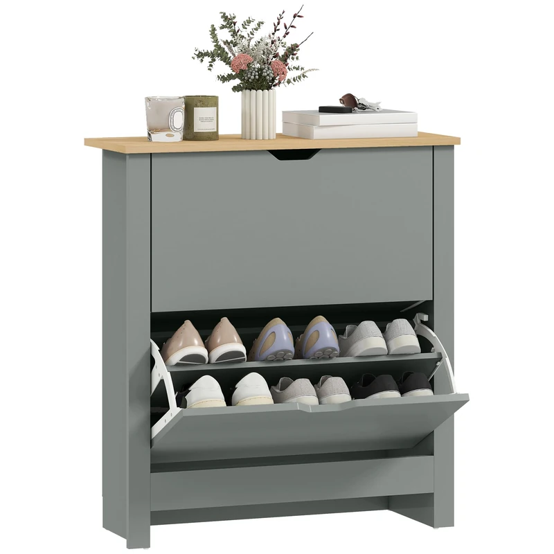 HOMCOM Narrow Shoe Cabinet, Space Saving Shoe Storage Cabinet with 2 Flip Drawers and Adjustable Shelves for 6-12 Pairs of Shoes for Hallways and Living Room, Light Grey