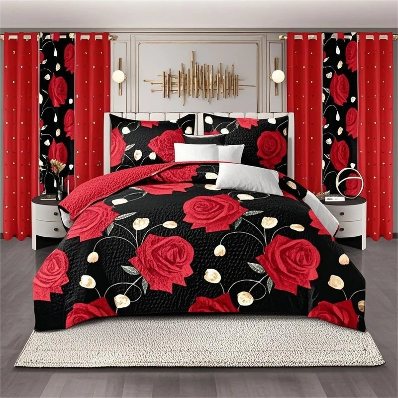FBLMD 9 Pieces Bedspread Bedding Set with Matching Curtains,King Size,Black Floral Pattern,Coverlet Quilted Bed Throw,Bedcover,Machine Washable,Gift for Wedding and Fastival