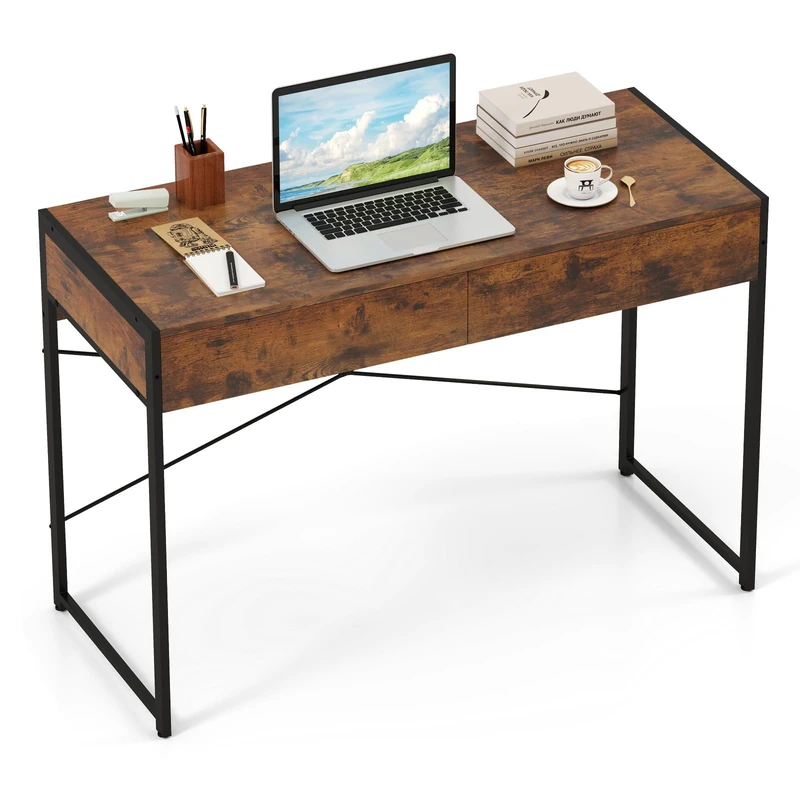 SFAREST Computer Desk, Wooden Writing Table with Drawers and Adjustable Foot Pads, Industrial Metal Frame PC Laptop Desk for Home Office (Rustic Brown, 111 x 48 x 76cm)