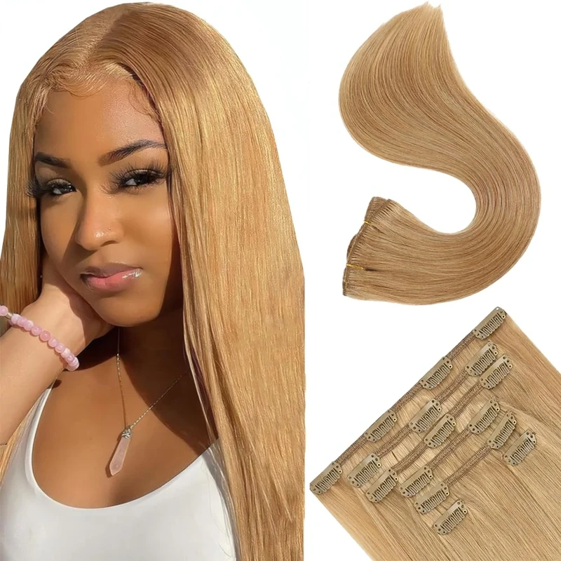 Gsoroel #27 Honey Blonde 7 Pack 120g Straight Seamless Extensions Clip In Human Hair Double Weft Unprocessed Virgin Invisible Clip In Human Hair Extension 20 Inch