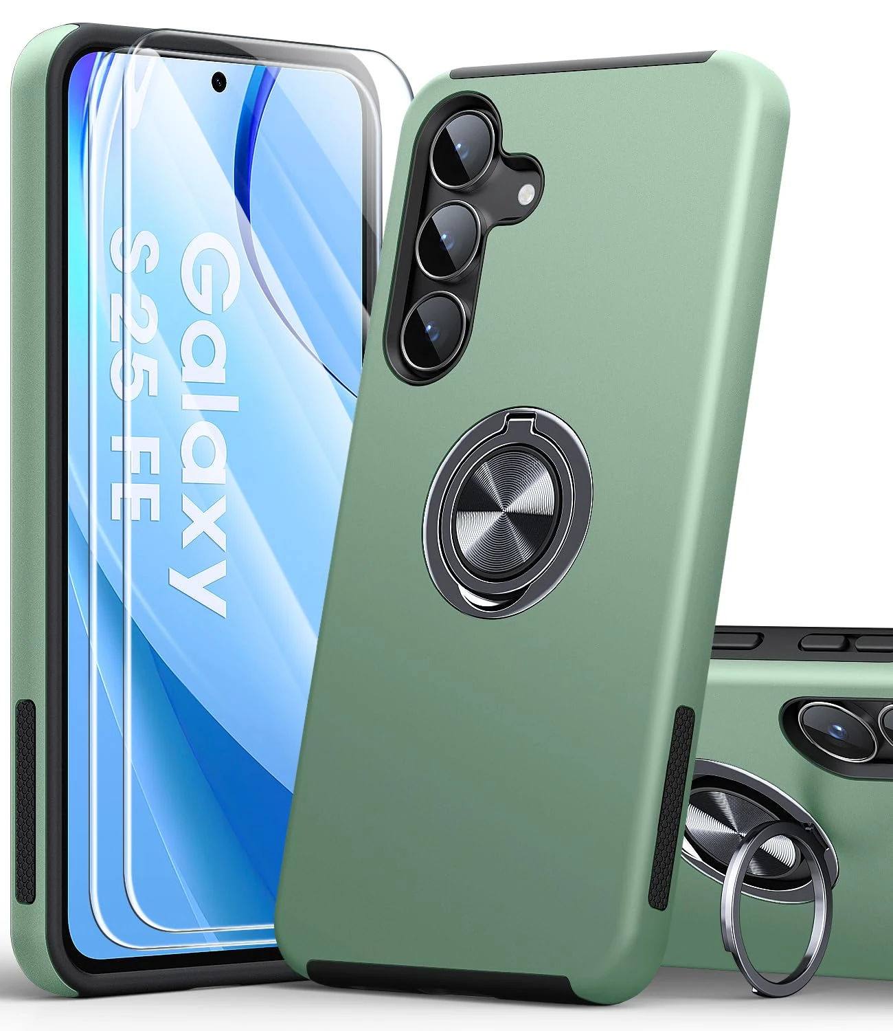 AOUIA for Samsung Galaxy S25 FE Case with 2-Pack Screen Protector, 3-in-1 Set Cover, 360°Rotating Ring Stand, Military Protection, Shockproof Phone Case for Samsung S25 FE, Green