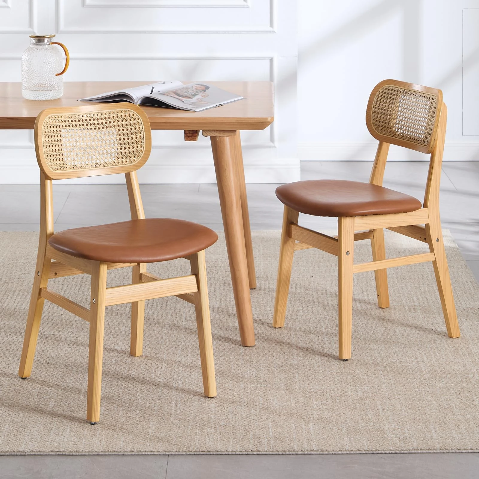 chairus Rattan Dining Chairs Set of 2 PU Leather Kitchen Chair for Dining Room Armless Side Chairs with Wood Legs (Brown)