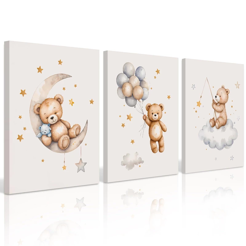 Teddy Bear Nursery Wall Art Decor Baby Boy Girl Room Poster Vintage Nursery Canvas Wall Decor Toddler Kids Room Pictures Cute Bear Neutral Artwork for Bedroom Playroom 16x24x3 Inch Wrapped Canvas
