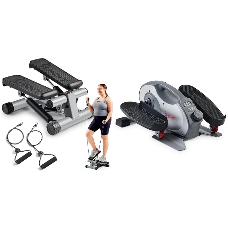 Sunny Health & Fitness Mini Stepper Machine with Resistance Bands, Air Climber Stepping Fitness Machine for Home Workout+Smart Portable Fully Assembled Magnetic Under Desk Elliptical Peddler