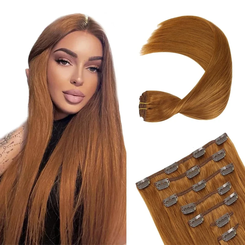 Gsoroel Invisible Clip In Human Hair Extension 7 Pack 120g #30 Light Brown Double Weft Straight Unprocessed Virgin Seamless Extensions Clip In Human Hair For Women 20 Inch
