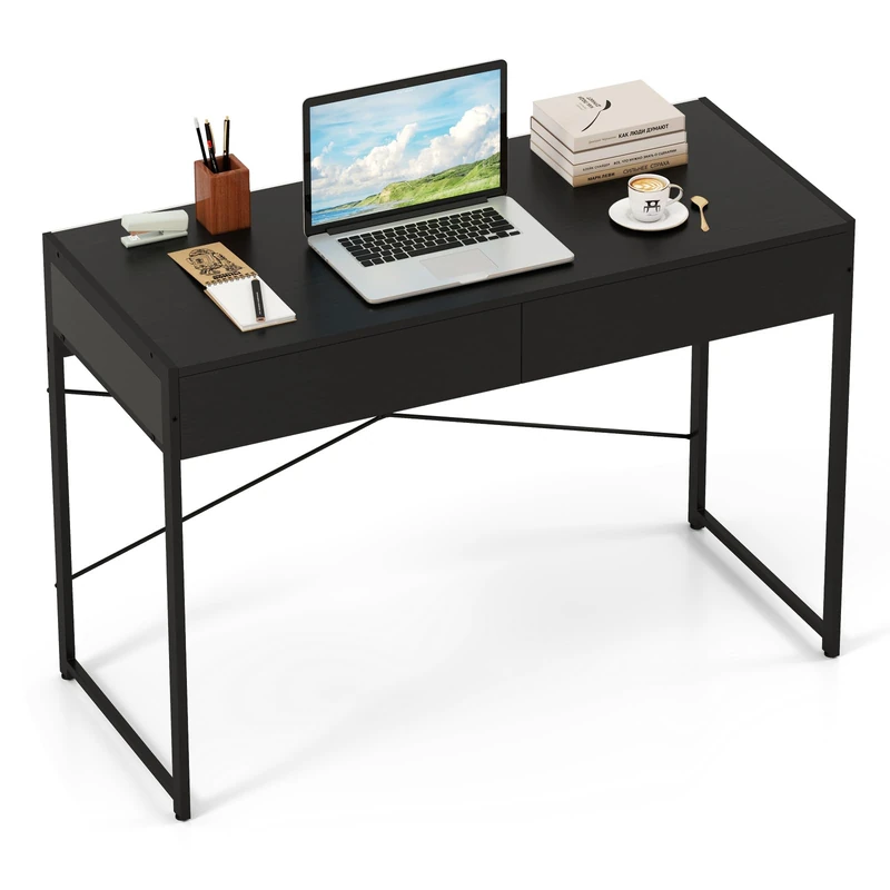 SFAREST Computer Desk, Wooden Writing Table with Drawers and Adjustable Foot Pads, Industrial Metal Frame PC Laptop Desk for Home Office (Black, 111 x 48 x 76cm)