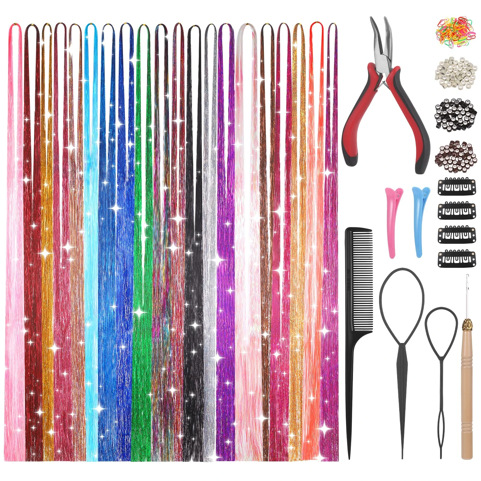 Huiguli 20 Colors 4400 Strands Hair Tinsel, 48 Inches Hair Glitter Strands Shiny Colorful Straight Hair Extensions for Women Girls Party Cosplay Rainbow, Hair Tinsel Kit