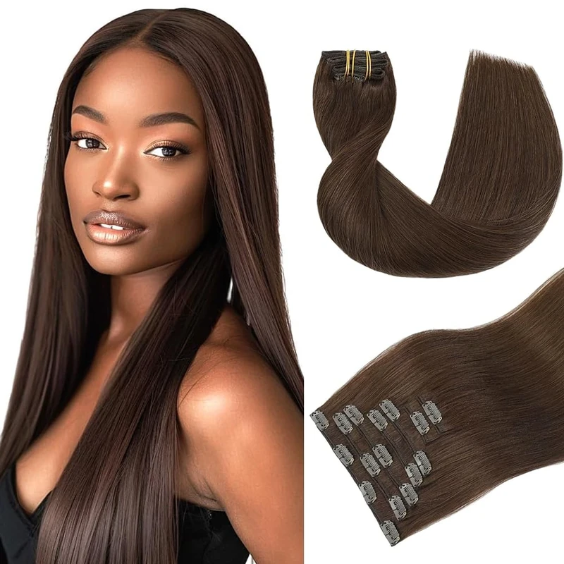 Gsoroel Seamless Extensions Clip In Human Hair Extension 7 Pack 120g #4 Chocolate Brown Double Weft Straight Virgin Invisible Clip In Human Hair Medium Brown Color 20 Inch