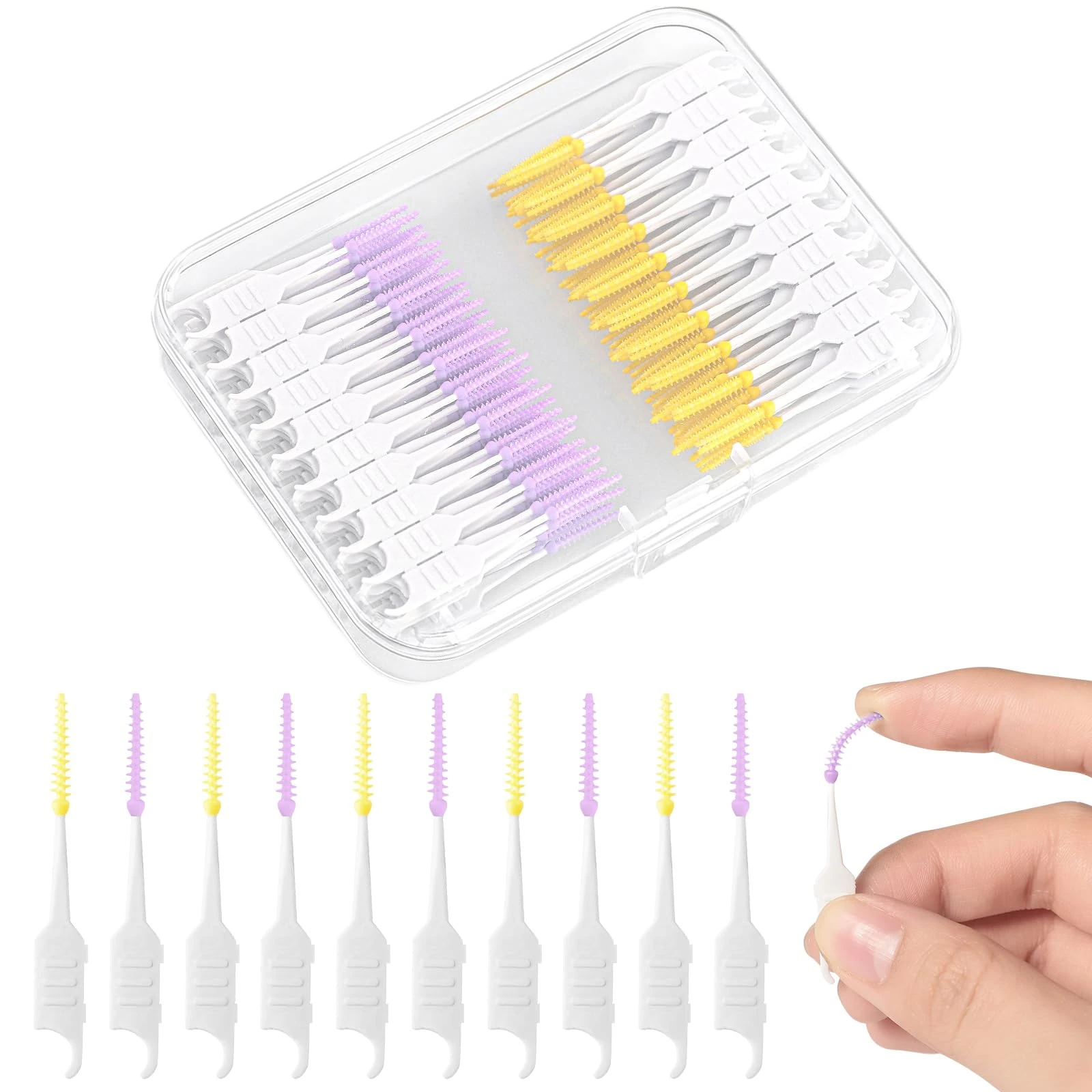 (RAYITO) RAYITO 250 Pieces Interdental Brushes, Silicone Dental Brushes 2-in-1 Tooth Floss Picks Teeth Floss Sticks Dental Toothpicks Cleaning Tool for Braces Oral Cleaning(Yellow, Purple)