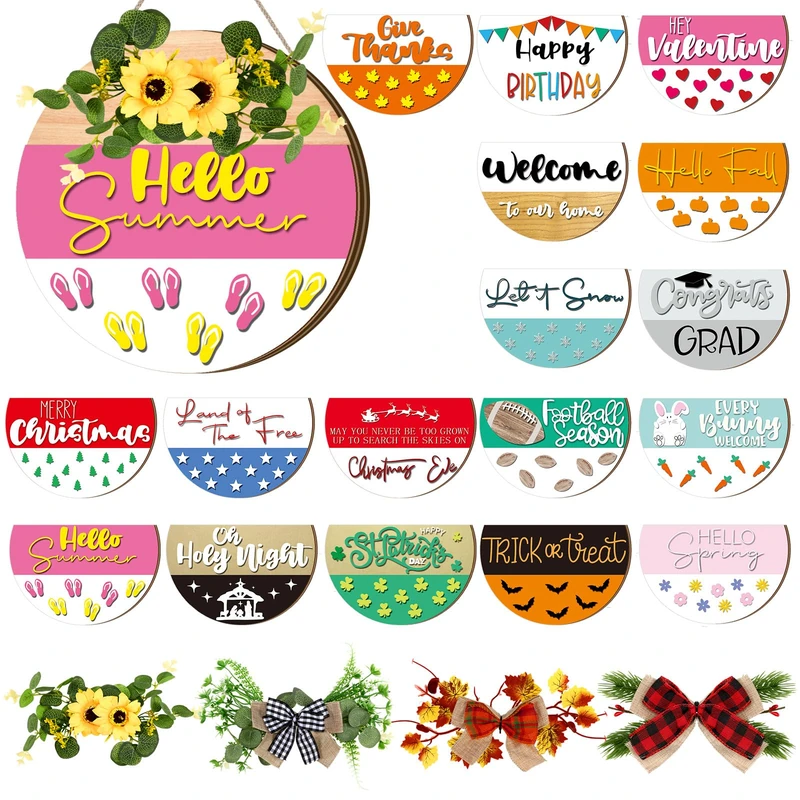 Vicenpal 22 Pcs Interchangeable Welcome Sign for Front Door with 17 Magnetic Icon Wooden Seasonal Front Porch Door Decor with 4 Seasonal Wreaths for Holiday Halloween Christmas Gift (Black,Cute)