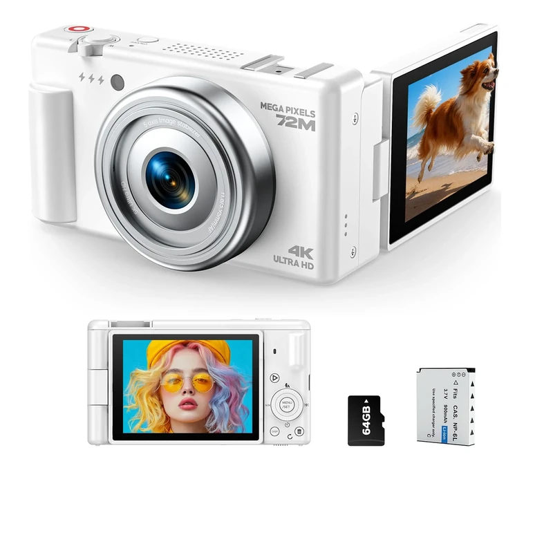 4K Digital Camera with Flip Screen, CCD Camera for Students, Compact Travel Cameras for Photography, 18X Digital Zoom Vlogging Cameras for YouTube, Ideal for Bignners Boys Girls Kids