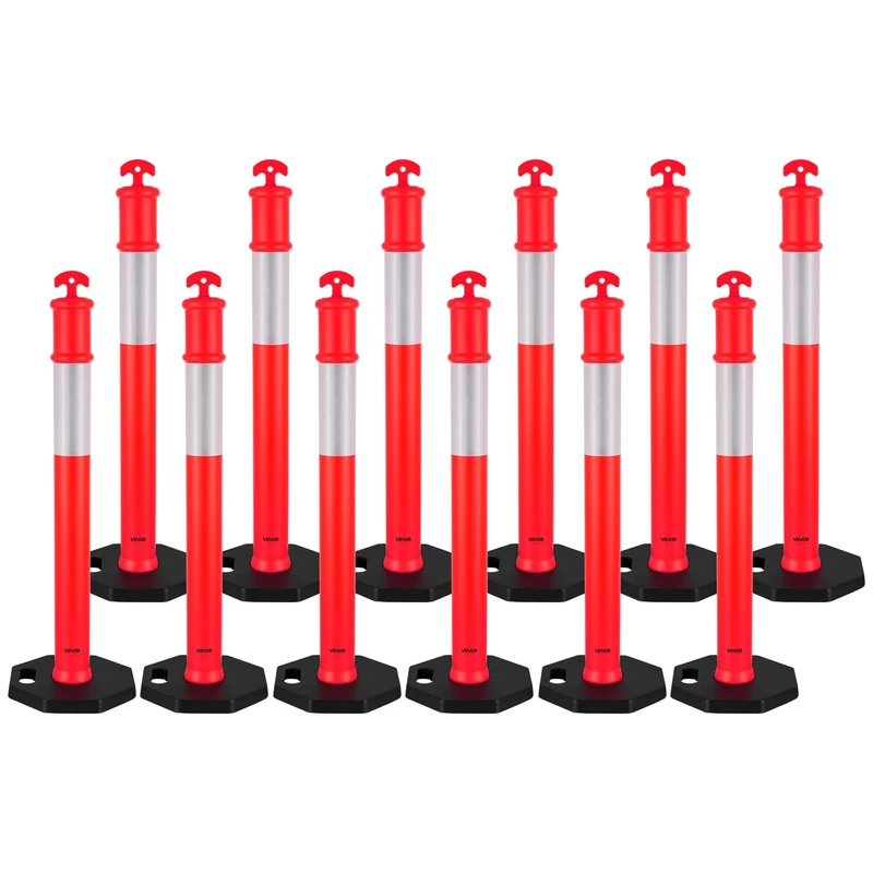 VEVOR 12 Pack Traffic Delineator Posts, 1140 mm Traffic Safety Cones with Weighted Base and Reflective Strips, Heavy Duty Delineator Posts for Construction Site, Parking Lot, Crowd Control, Red