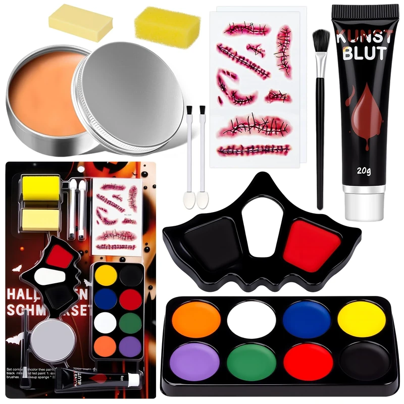 Face Paint Halloween Makeup Kit - White Black Red Face Paints Professional Kids Adults with Fake Blood, Scars, tattoos, 8 Color Body Painting Set For Zombie Vampire Skeleton Joker Clown Witch Cosplay