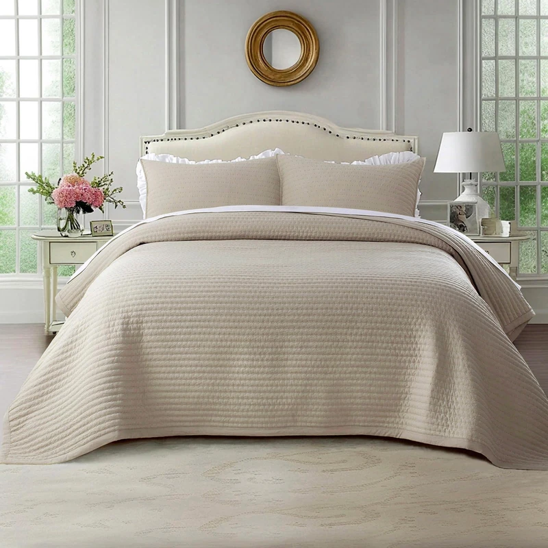 KASENTEX Queen XL Quilt Set 98"x98" – Soft Washed 3-Layer Lightweight Bedspread, Minimalist Nordic Design, All-Season Spring & Summer Quilt Set (1 Quilt + 2 Pillow Shams), Camel