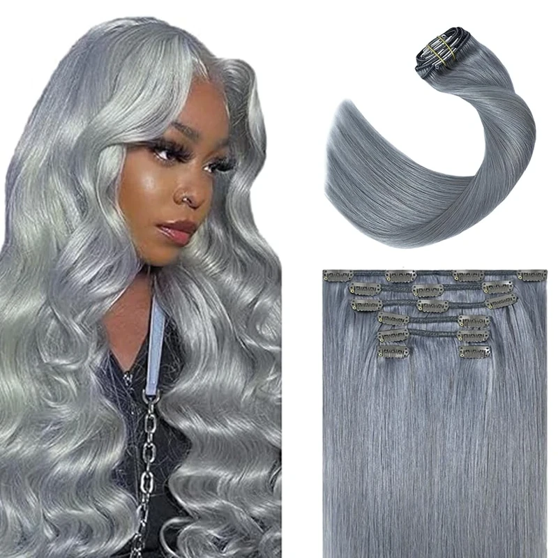 Gsoroel Invisible Clip In Human Hair Extension Grey Color Double Weft Straight Unprocessed Virgin 7 Pack 120g Seamless Extensions Clip In Human Hair For Women 20 Inch