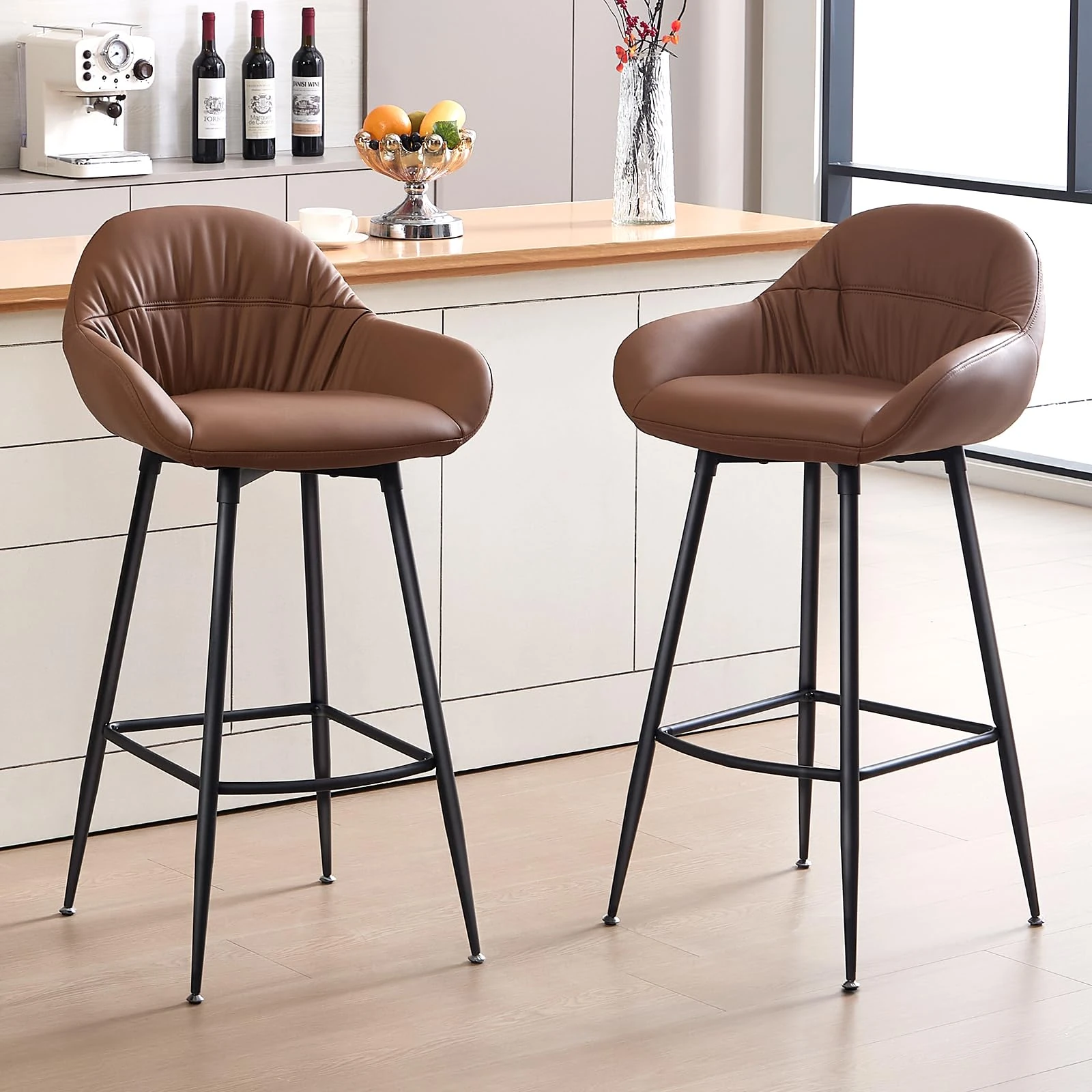 BERYTH Bar Stools Set of 2, PU Leather bar stool breakfast Mid Century Barstools with Back Pub Chair with Feetpads Stools for Home Counter,Kitchen Dining Cafe Brown