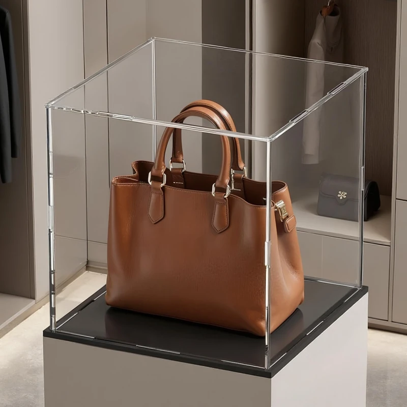 HEMYLU Acrylic Box with Matt Black Base, Simple Self-Assembly Clear Acrylic Display Case, 13x13x13 inch Showcase with Lid for Collections, Figures and Dolls