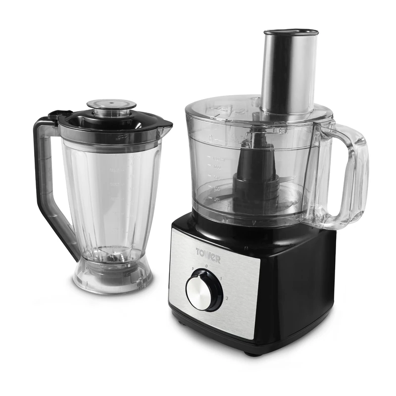 Tower T18008BLK Multi-Function Food Processer & Blender with 2L Mixing Bowl, 1.8L Jug, 2 Speed Settings & Pulse Function, 750W, Black