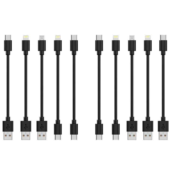 [0.75FT, 10-Pack] Multi Short USB Cables/Type-C Cables, Fast Charge & Sync C/Lightning/Micro USB Cords for Multiple Devices for iPhone16&15, iPhone5-14, iPads, Macbook, iPods, Moblies & Tablets, Black