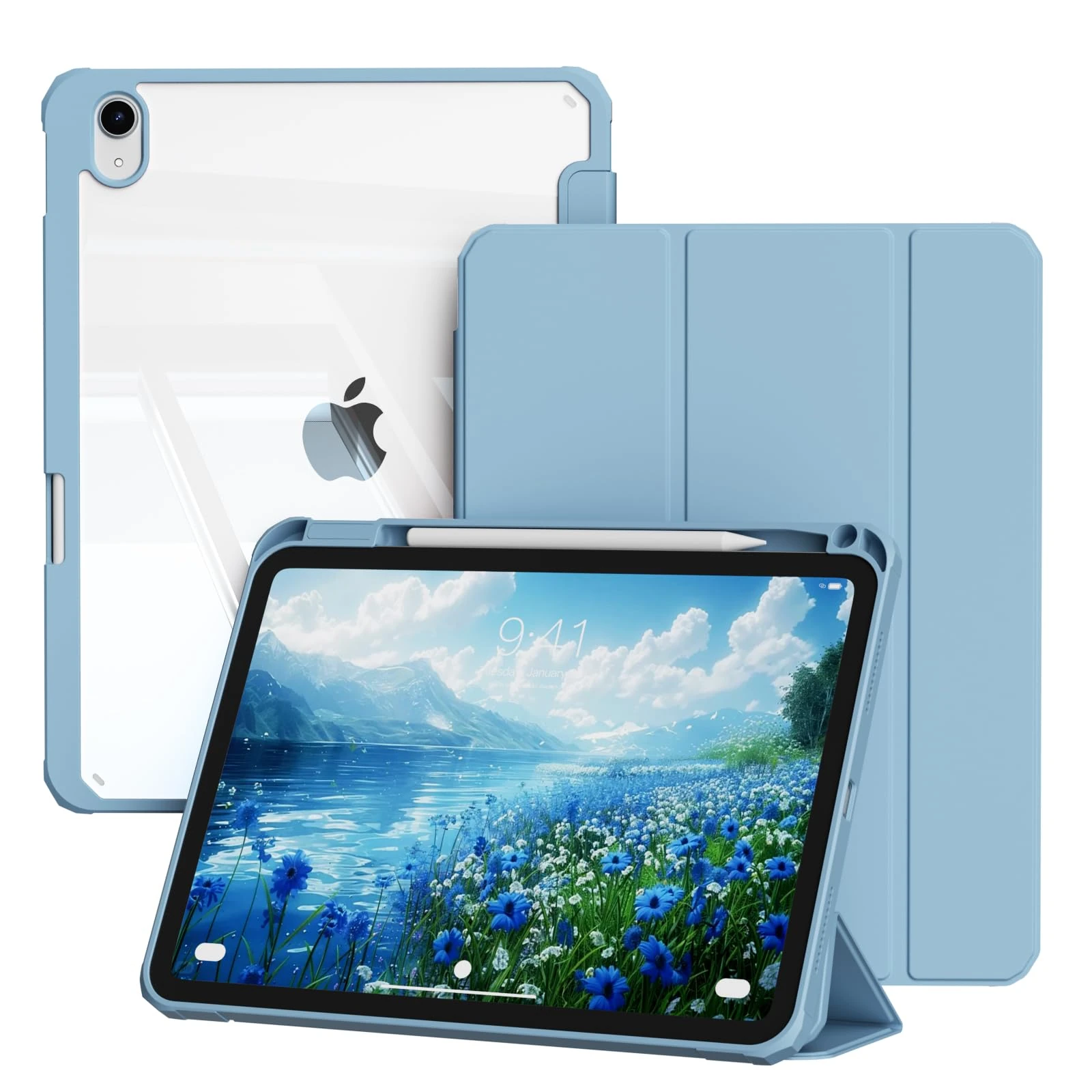 BQDIYOO Case for iPad (A16) 11th Generation 11 inch 2025 / iPad 10 Generation 10.9th 2022, Protective cover with Pen Holder transparent back, Auto Sleep/Wake, Bleu brumeux