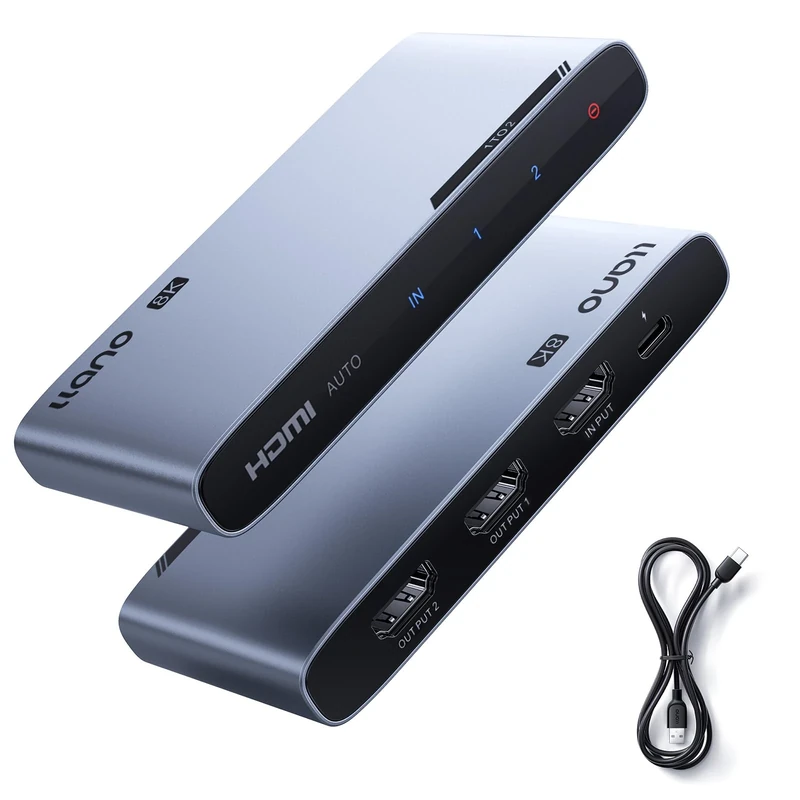 llano HDMI 2.1 Splitter 8K@60Hz 1 in 2 out Splitter, Supports 48Gbit/s, 4K@120Hz/240Hz, HDR10+, Dolby Atmos, CEC, Aluminum Alloy HDMI Switch with Remote for Apple TV/PS5/Xbox/Roku/Fire Stick etc.