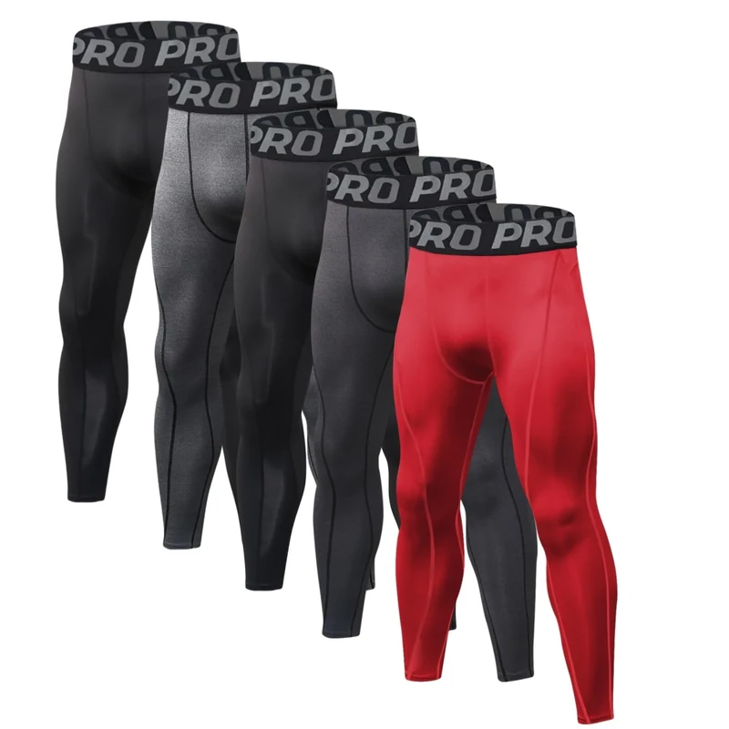 LNFINTDO 2/3/5 Pack Men's Compression Pants Athletic Running Gym Tights Workout Leggings Cool Dry Sports Base Layer, 5p: Black*2+gray+carbongray+red, Large