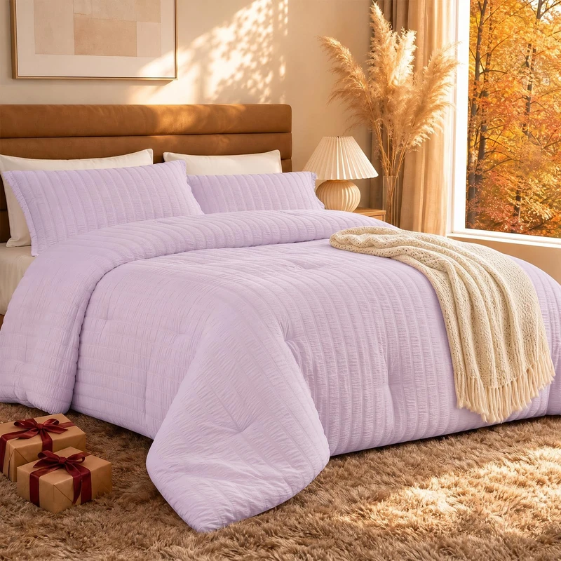 Quataly Oversized Queen Comforter Set Light Purple,Extra Length Fit for Thick Mattresses,3PCS Seersucker Bedding Comforter for All Season, Oversized Queen Size(98''×98'' Comforter & 2 Pillowcases)