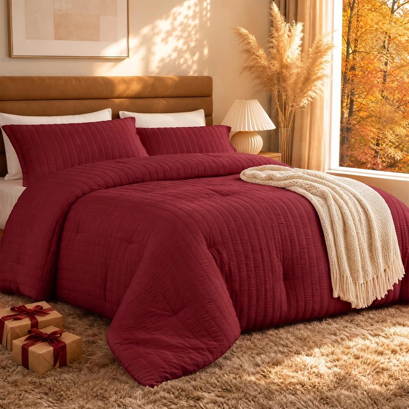Quataly King Comforter Set Dark Red,3PCS Seersucker Lightweight Bedding Comforter for All Season, King Size(104''×90'' Comforter & 2 Pillowcases)
