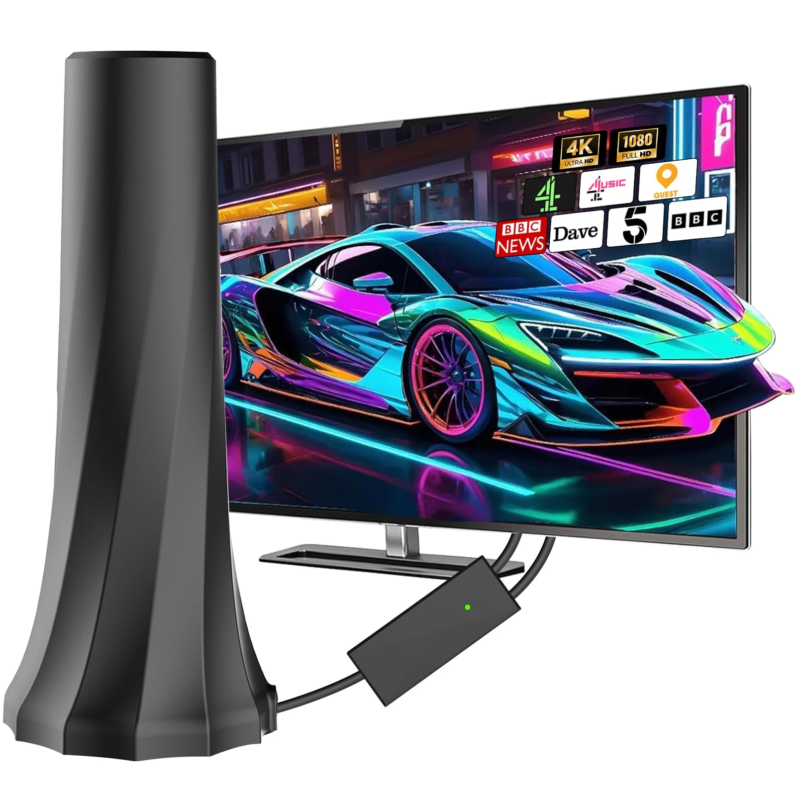 Indoor TV Aerial, Smart TV ariels indoor with 560+ Miles Range Smart aerials with Amplifier Signal Booster, Supports 4K 1080P HD Local Channels with 18ft Aerial Cable（Black）