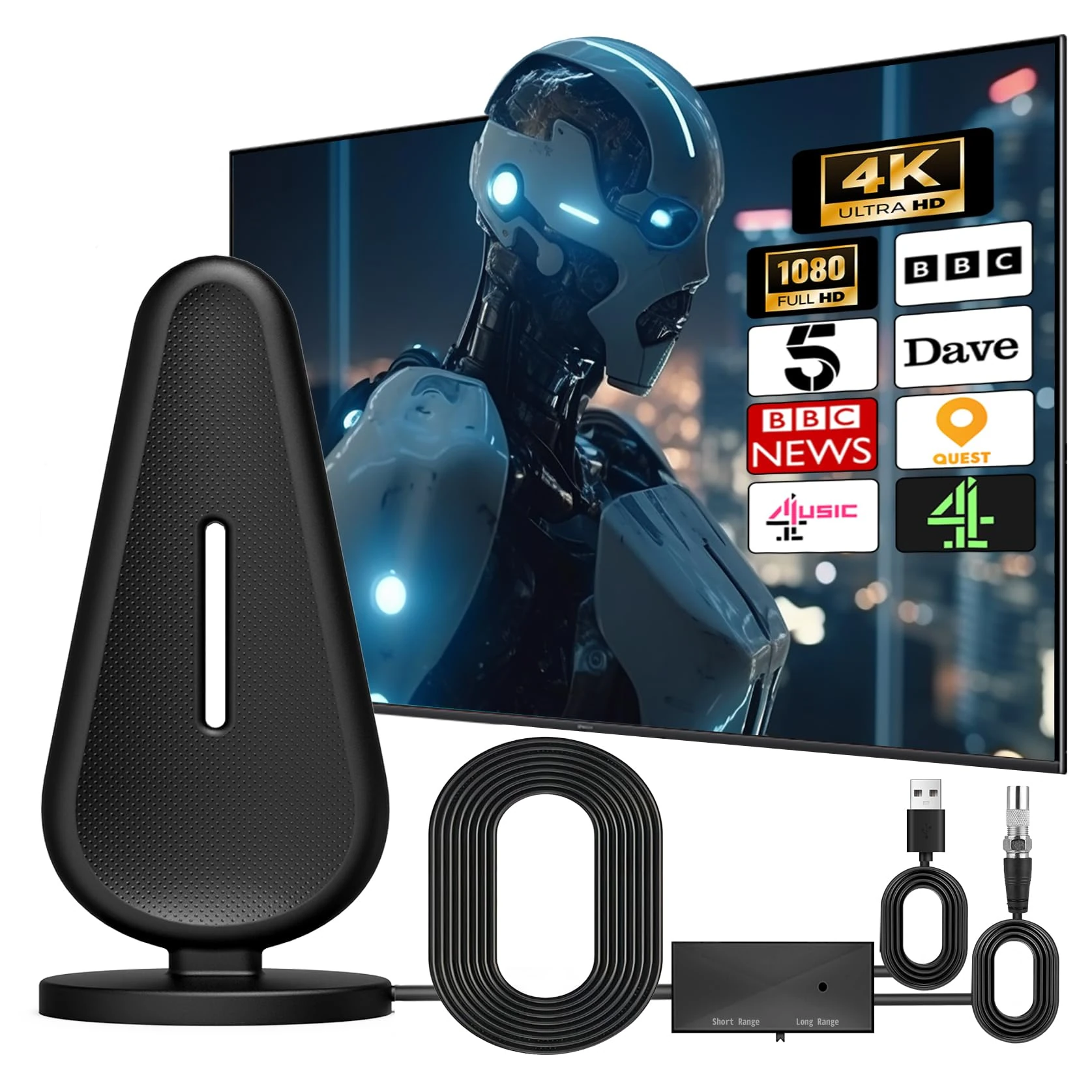 Indoor TV Aerial, Digital TV Aerial with 560+ Miles Range Reception for Local Channels, 4K 1080P HD TV Antenna with 18ft Coaxial Cable Amplifier Signal Booster Support All Television for Smart TV