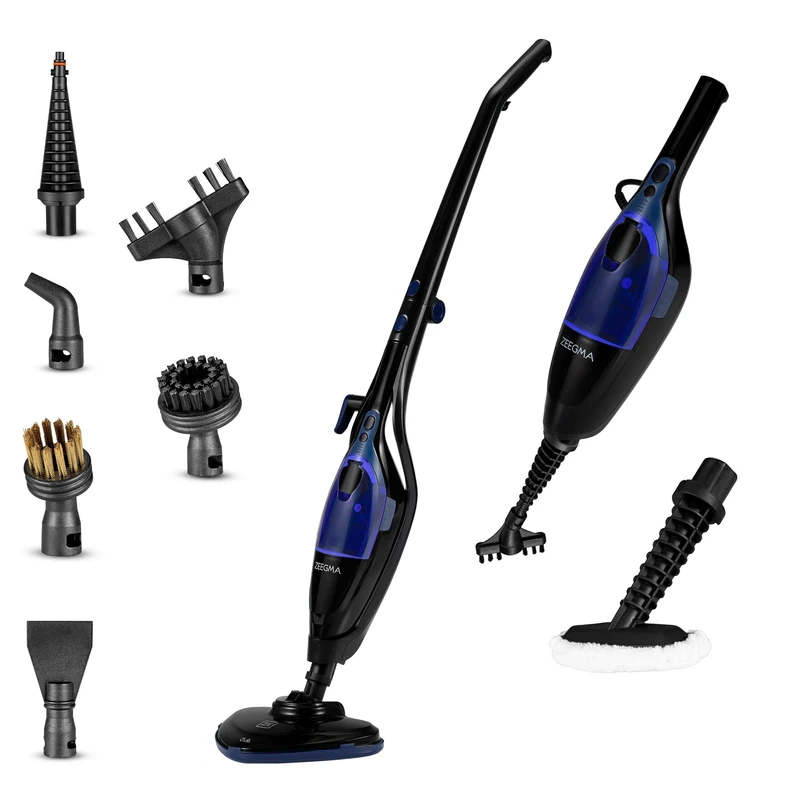 ZEEGMA Pure Prime Control 2-in-1 Steam Cleaner & Hand Steamer with 13 Accessories, 1500 W, 400 ml, 20s Warm-up Time, Kills 99.9% Bacteria, 7 m Cord, For All Floor Types, Chemistry Free, Black