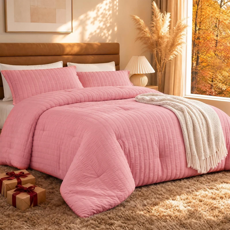 Quataly King Comforter Set Peach Pink,3PCS Seersucker Lightweight Bedding Comforter for All Season, King Size(104''×90'' Comforter & 2 Pillowcases)