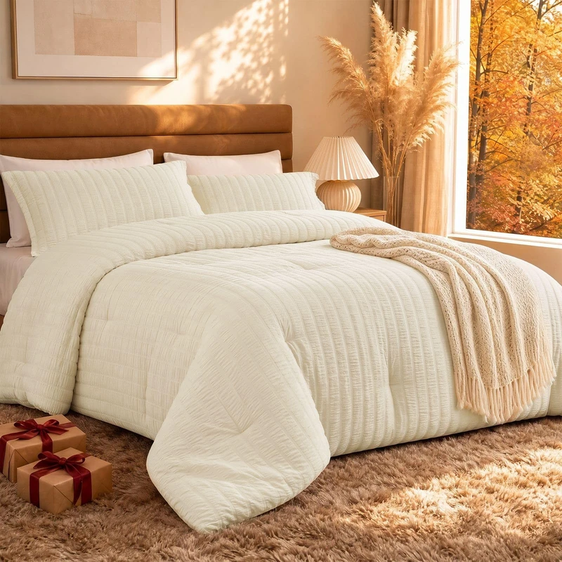 Quataly Queen Comforter Set Cream,3PCS Seersucker Lightweight Bedding Comforter for All Season, Queen Size(90''×90'' Comforter & 2 Pillowcases)