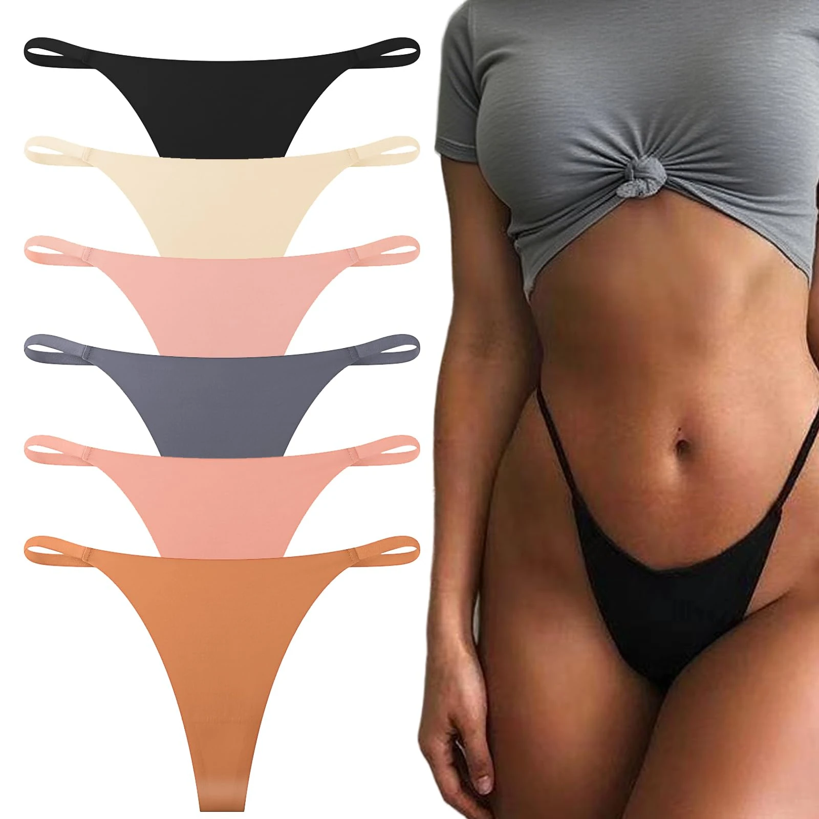 6 Pack M Code G String Thongs for Women, Breathable Ice Silk, Seamless No Show Thong Underwear, Comfortable Low Rise G-String Panties for Daily Wear, Multipack Assorted Colors