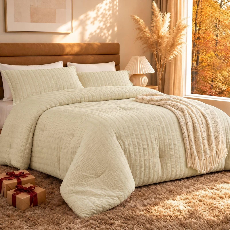 Quataly Oversized Queen Comforter Set Linen,Extra Length Fit for Thick Mattresses,3PCS Seersucker Bedding Comforter for All Season, Oversized Queen Size(98''×98'' Comforter & 2 Pillowcases)
