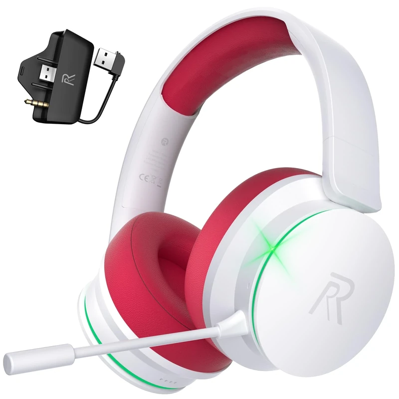 Wireless Gaming Headset for Xbox Series X|S, Xbox One, PS5, PS4, Noise Cancelling Bluetooth 5.3 Wireless Gaming Headphones, PC Headset with Microphone, 3D Surround Sound, 45H Battery, White Red Color