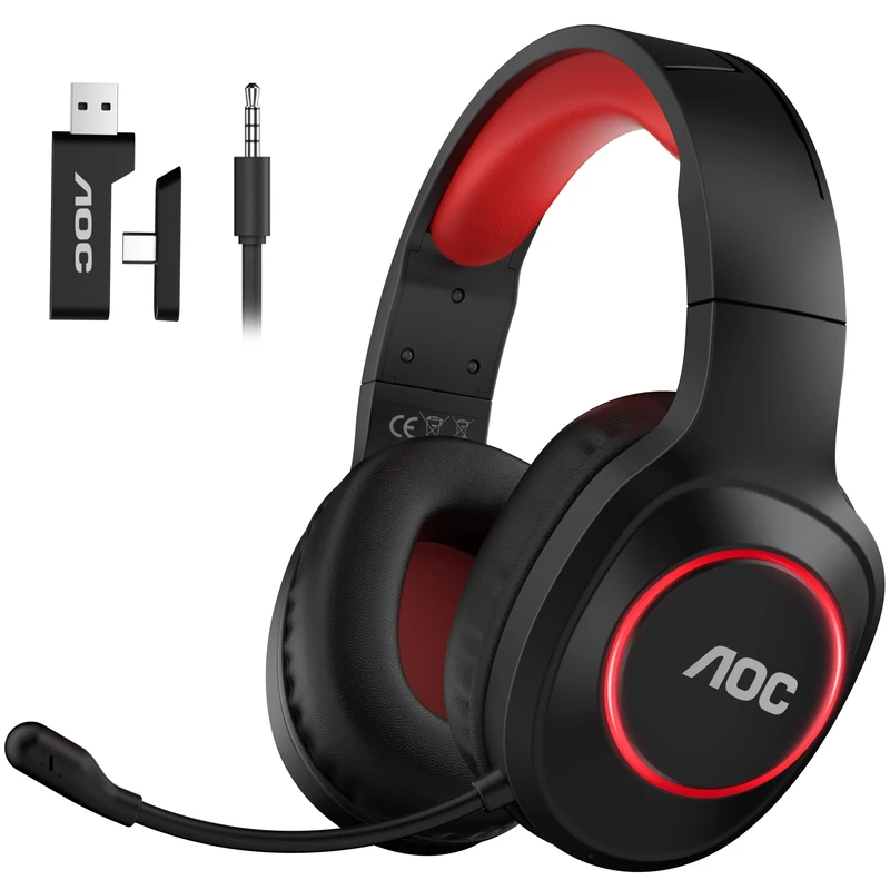 AOC Wireless Gaming Headset for PC, PS5, Bluetooth 5.4 & 2.4GHz Low Latency Gaming Headset with Mic, Noise Canceling, 7.1 Virtual Surround, 45H Long Battery Life, USB-C Fast Charging- Black Red