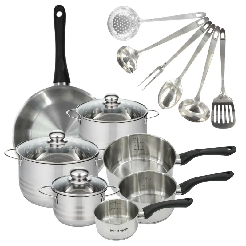 Fackelmann 9359750 1 Frying Pan 28 cm 3 Saucepans 12 16 20 cm Stainless Steel 18/8, 3 Stewpots 16 20 24 cm, 6 Utensils, Frying Pan, Induction Pan, PFAS Free, Stainless Steel, Glass, 12 16 20 24 28 cm