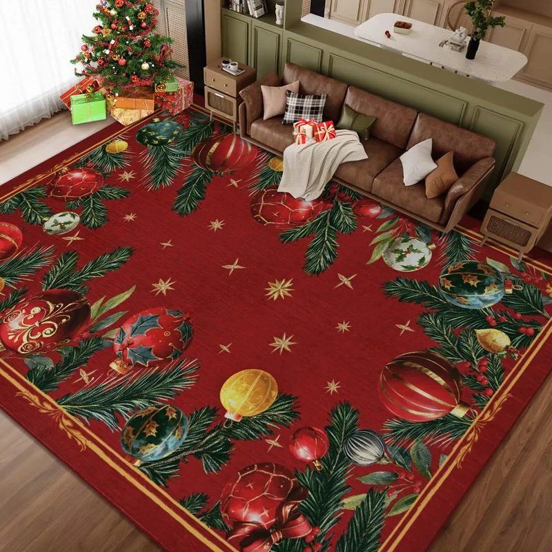 FRAMICS Christmas Area Rug 8x10 Christmas Balls Living Room Rug Xmas Pine Washable Rugs Red Bedroom Rugs Non Slip Soft Faux Wool Low Pile Throw Carpet for Nursery, Dining Room, Office
